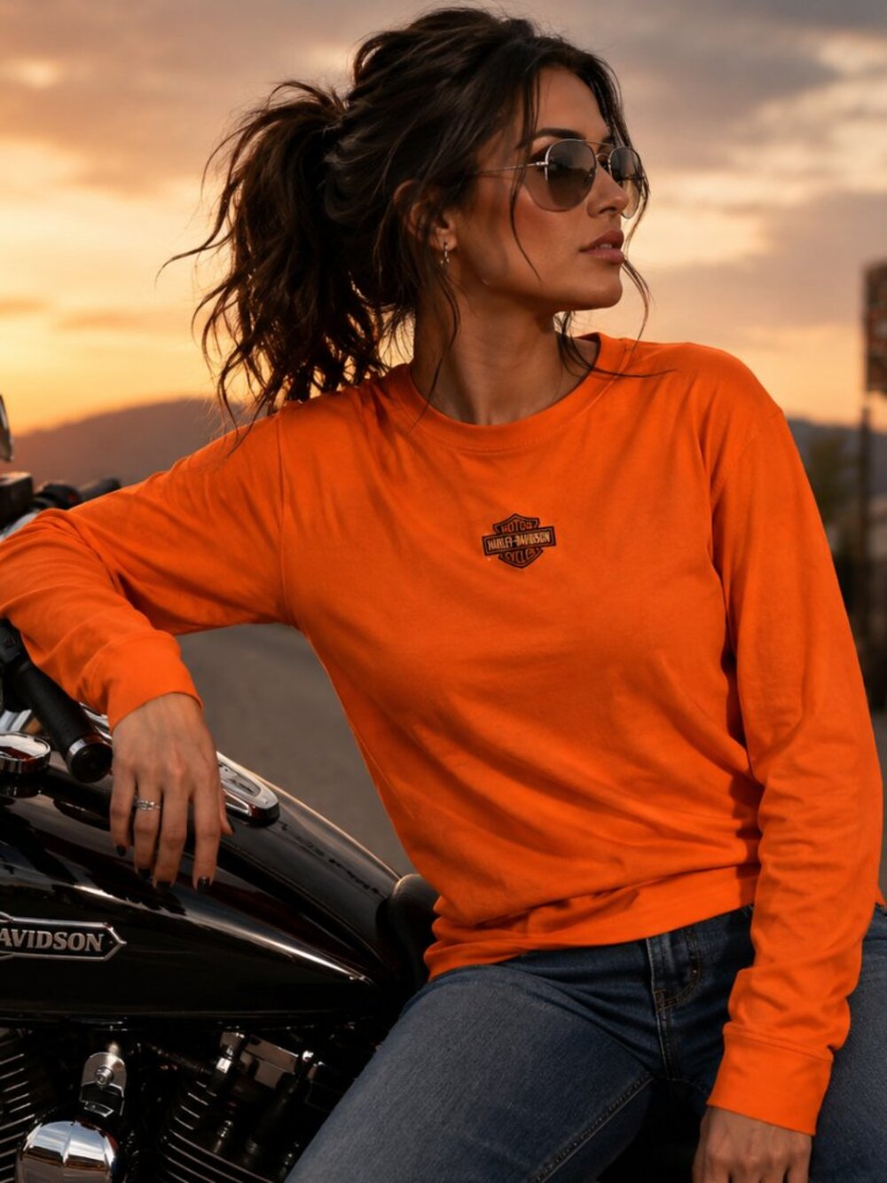 Harley-Davidson  Y2K Long Sleeve Orange Tee Sz M Women’s Biker Wear
